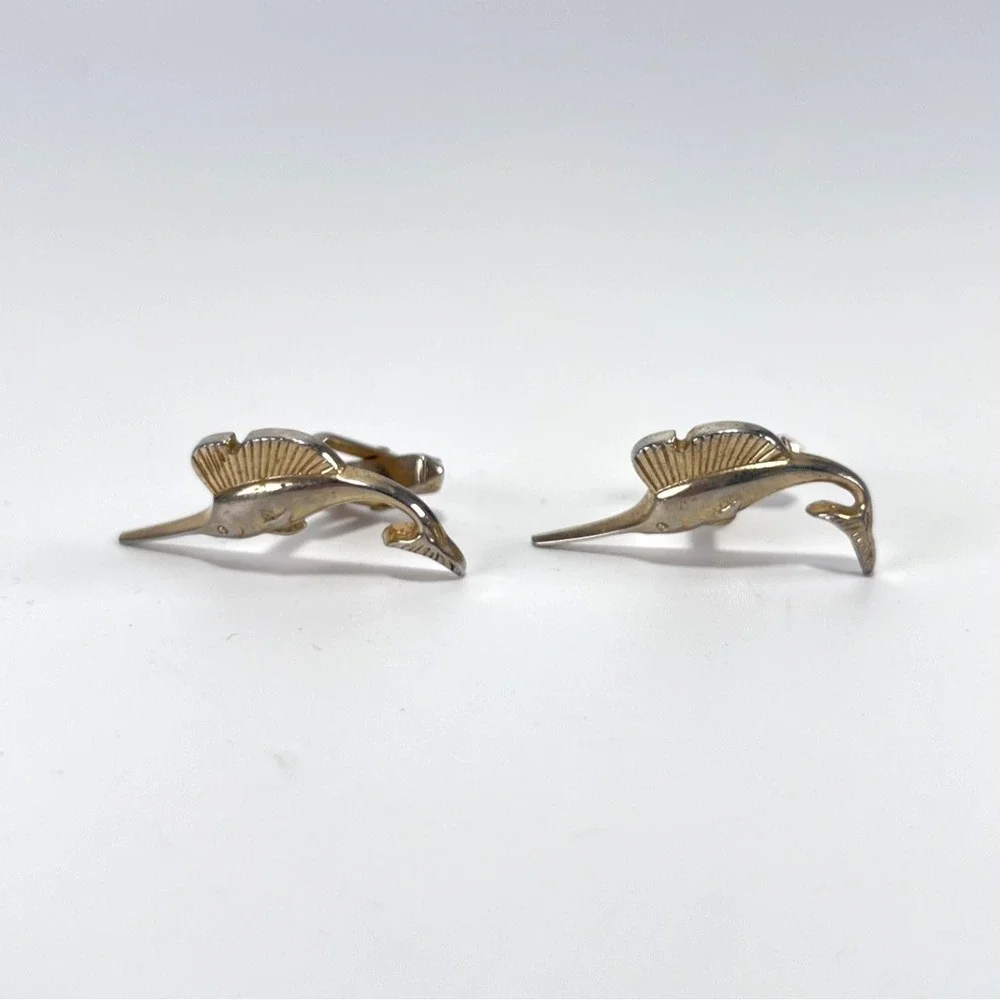 SWANK Cufflinks Gold Tone Metal Marlin Fish Swordfish Sport‎ Fishing Vintage